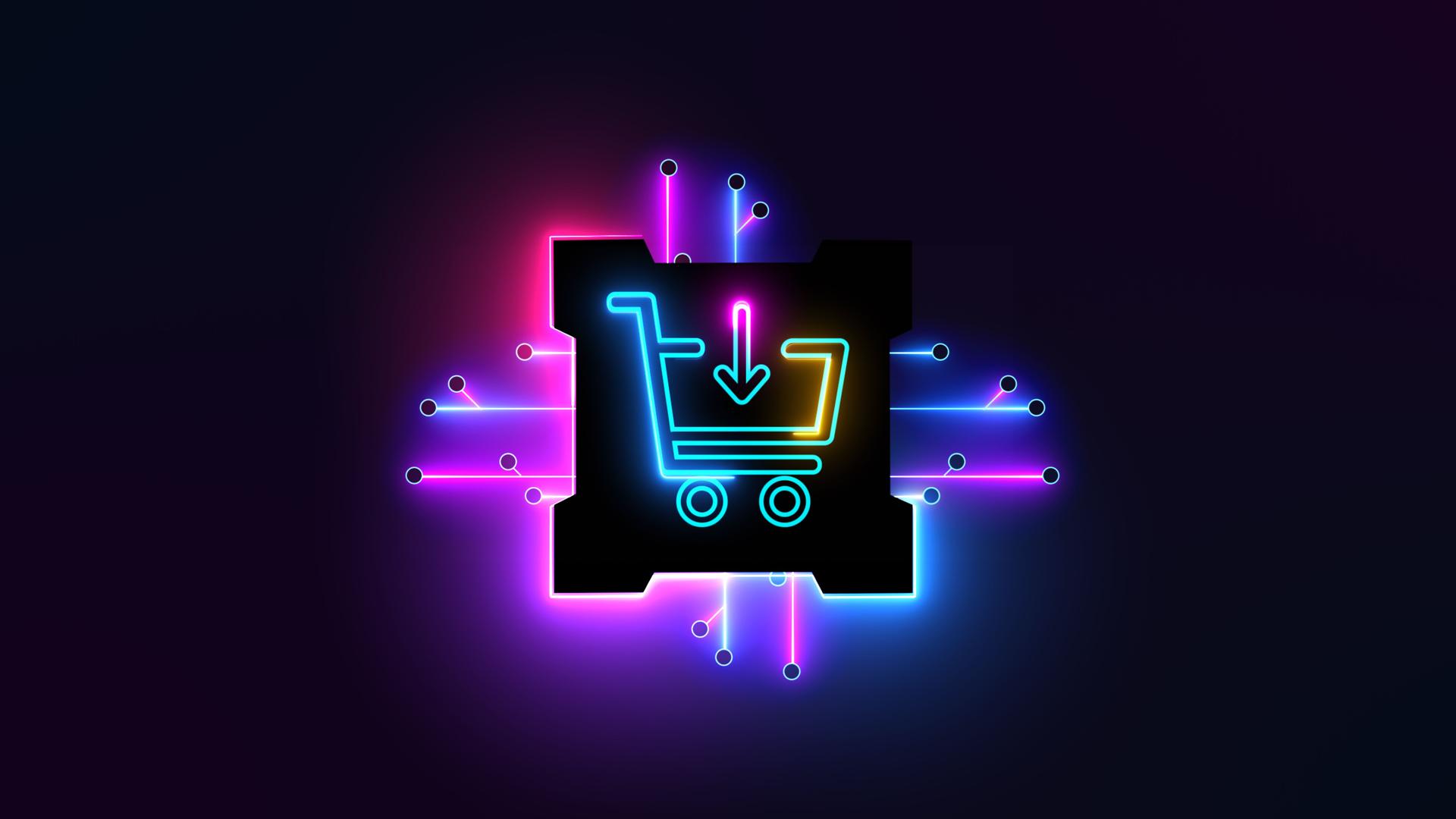 Smartphone surrounded by Shopping cart, shopping basket, shopping bag, clothes,cart ,store, and wallet on colour background. colorful balls on a blue background.-3d rendering.